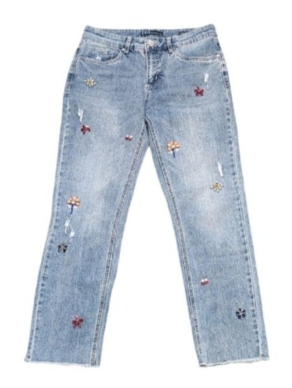 FDJ Embellished Floral Distressed Boyfriend Jeans Light Wash Denim Raw Hem
